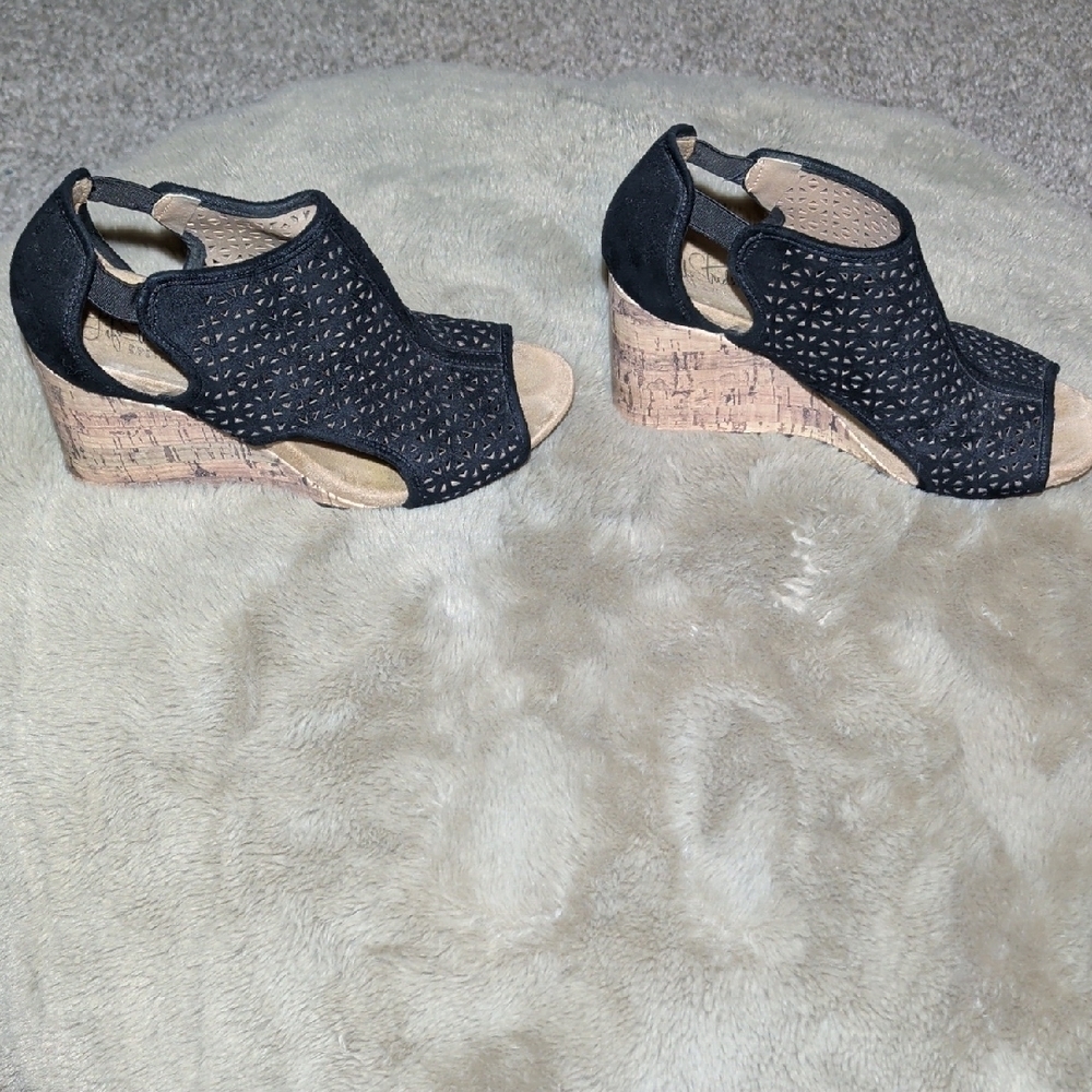 Life Stride Black Laser-Cut Cork Wedge Sandals - Picture 7 of 8